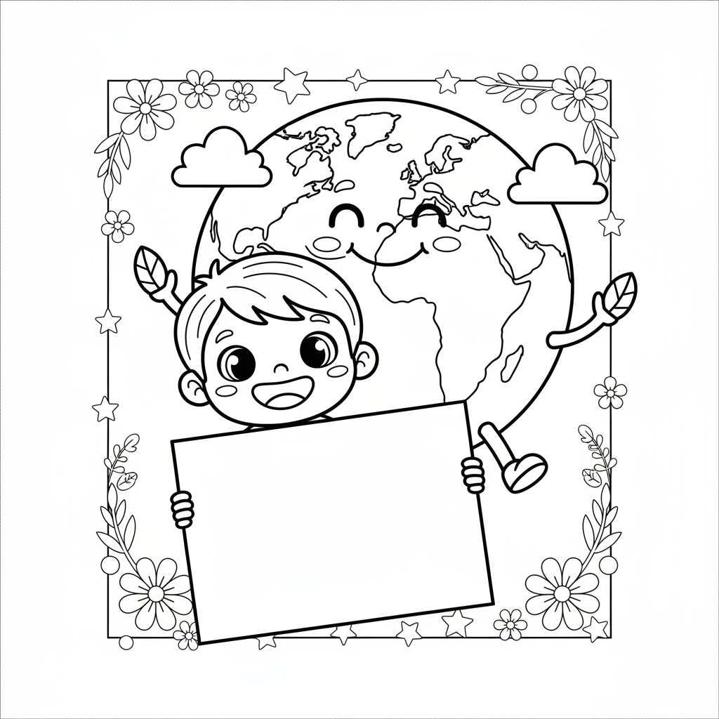 Dziecko trzymające znak z napisem "Ratuj Ziemię", z uśmiechniętą planetą w tle, kolorowanka dla dzieci, czarne kontu...