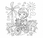 Dziecko jadące na rowerze, z turbiną wiatrową i panelami słonecznymi w tle, kolorowanka dla dzieci, czarne kontury, bi...