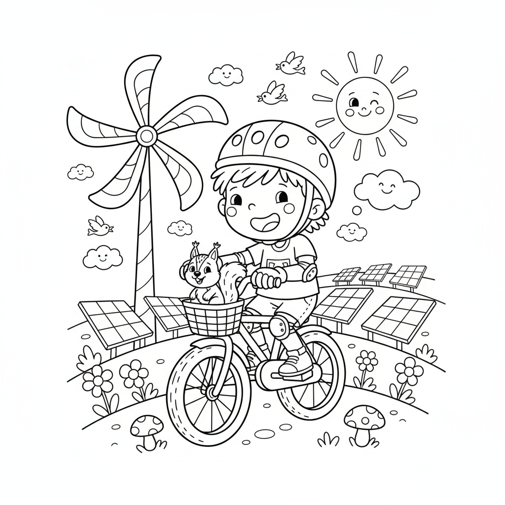 Dziecko jadące na rowerze, z turbiną wiatrową i panelami słonecznymi w tle, kolorowanka dla dzieci, czarne kontury, bi...