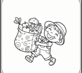 Dziecko niosące torbę wielokrotnego użytku wypełnioną świeżymi produktami, kolorowanka dla dzieci, czarne kontury, ...