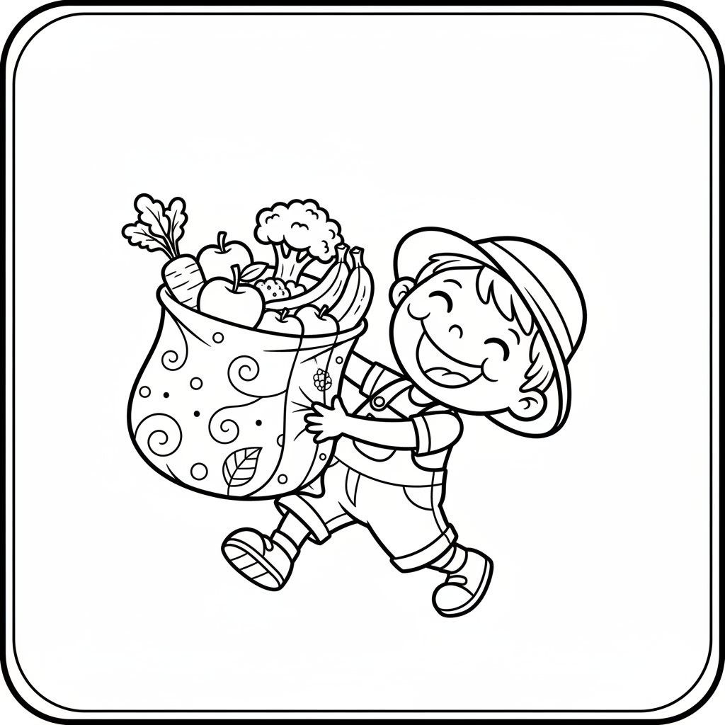Dziecko niosące torbę wielokrotnego użytku wypełnioną świeżymi produktami, kolorowanka dla dzieci, czarne kontury, ...