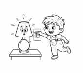 Dziecko wyłączające światło, aby oszczędzać energię, z zaskoczoną lampą, kolorowanka dla dzieci, czarne kontury,...