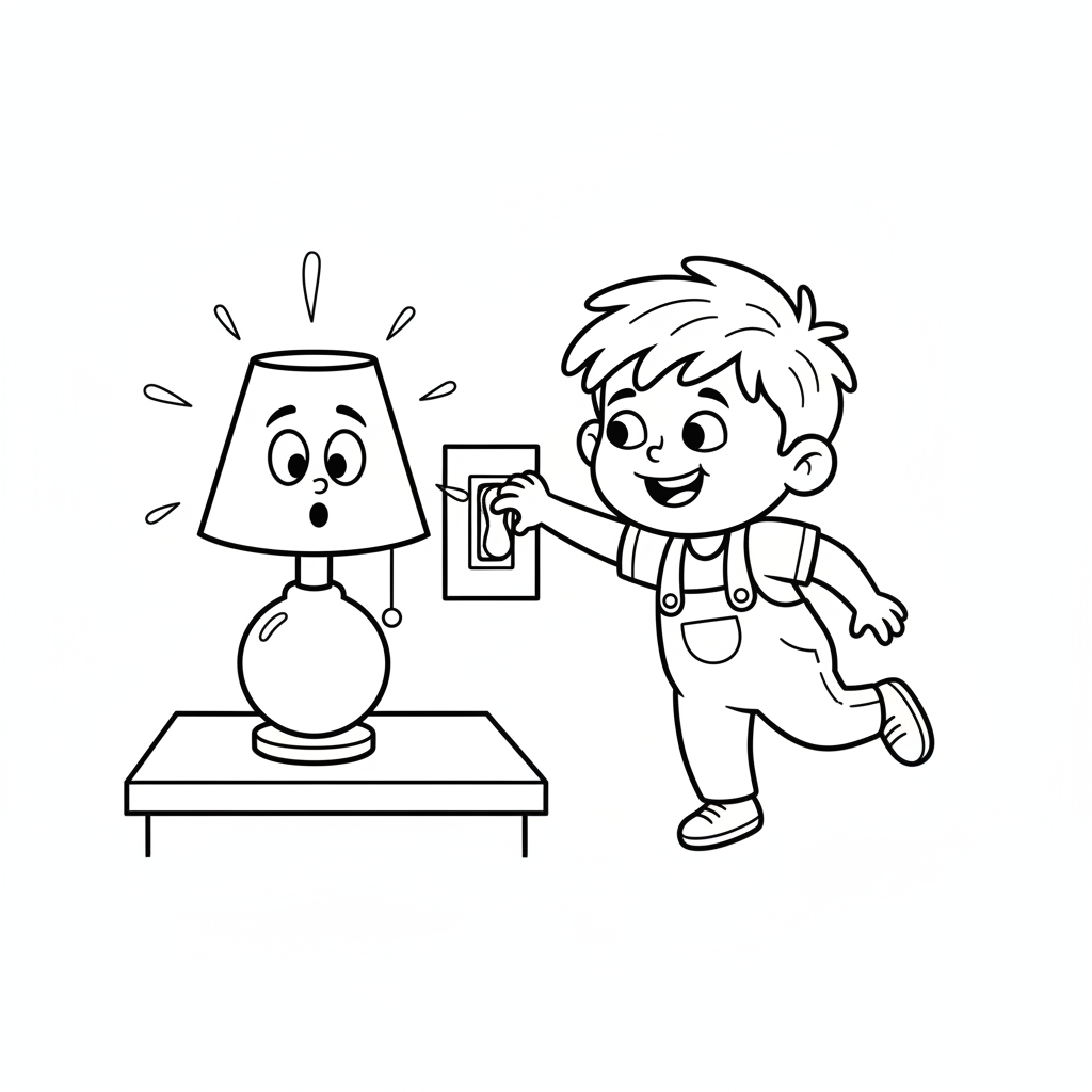 Dziecko wyłączające światło, aby oszczędzać energię, z zaskoczoną lampą, kolorowanka dla dzieci, czarne kontury,...