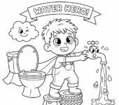 Dziecko zakręcające cieknący kran, pokazujące odpowiedzialność za oszczędzanie wody, black outline, white backgroun...