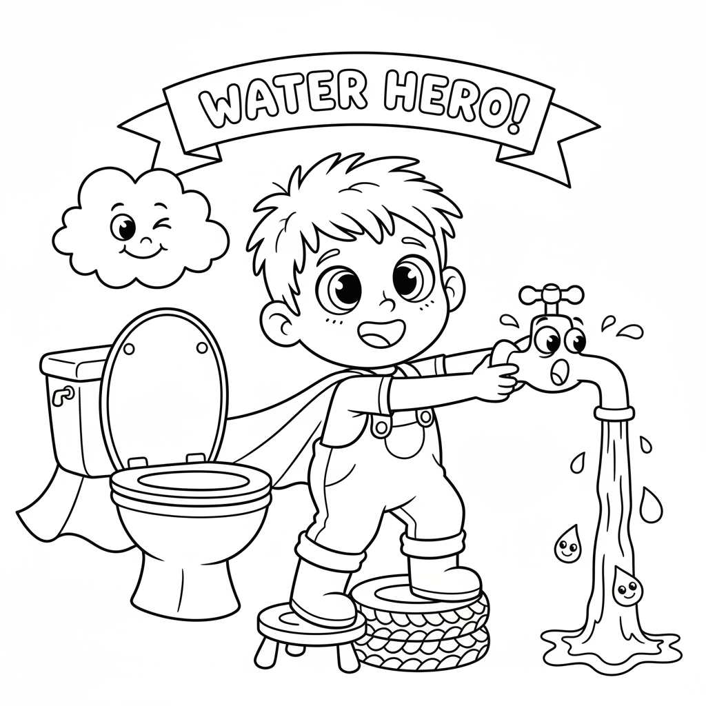 Dziecko zakręcające cieknący kran, pokazujące odpowiedzialność za oszczędzanie wody, black outline, white backgroun...