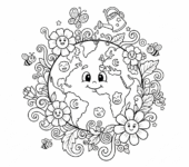 Kula ziemska ozdobiona kwiatami i liśćmi, symbolizująca kwitnącą planetę, kolorowanka dla dzieci, czarne kontury, bi...