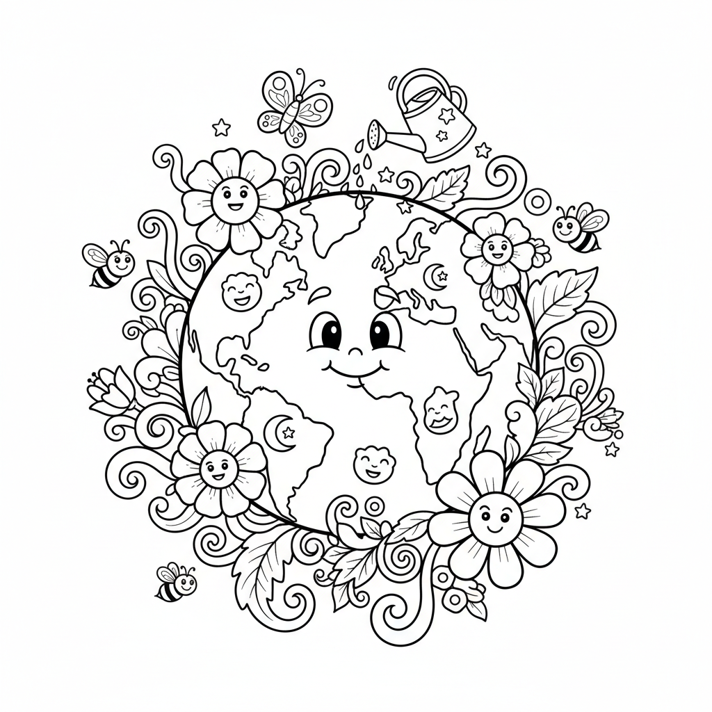 Kula ziemska ozdobiona kwiatami i liśćmi, symbolizująca kwitnącą planetę, kolorowanka dla dzieci, czarne kontury, bi...