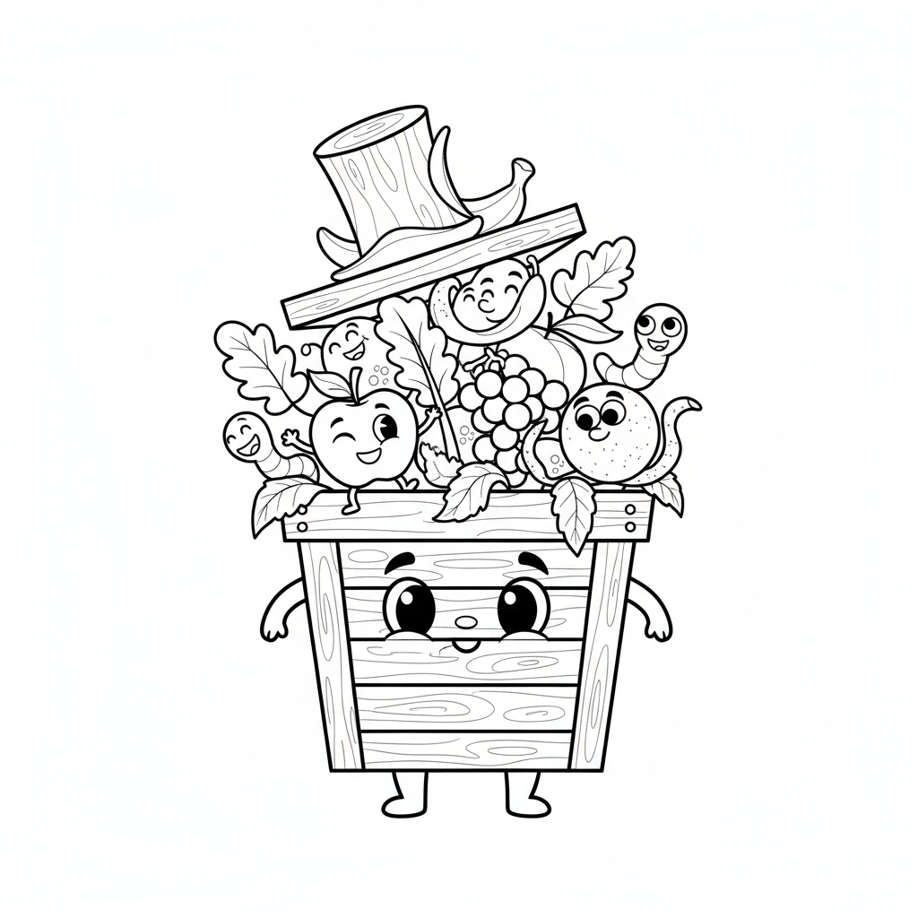 Kompostownik z różnymi materiałami organicznymi (obierki owocowe, liście), kolorowanka dla dzieci, czarne kontury, bia...