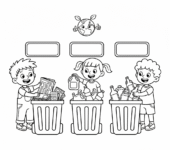Kosze do recyklingu z etykietami na papier, plastik i szkło, z dziećmi segregującymi odpady, kolorowanka dla dzieci, cz...