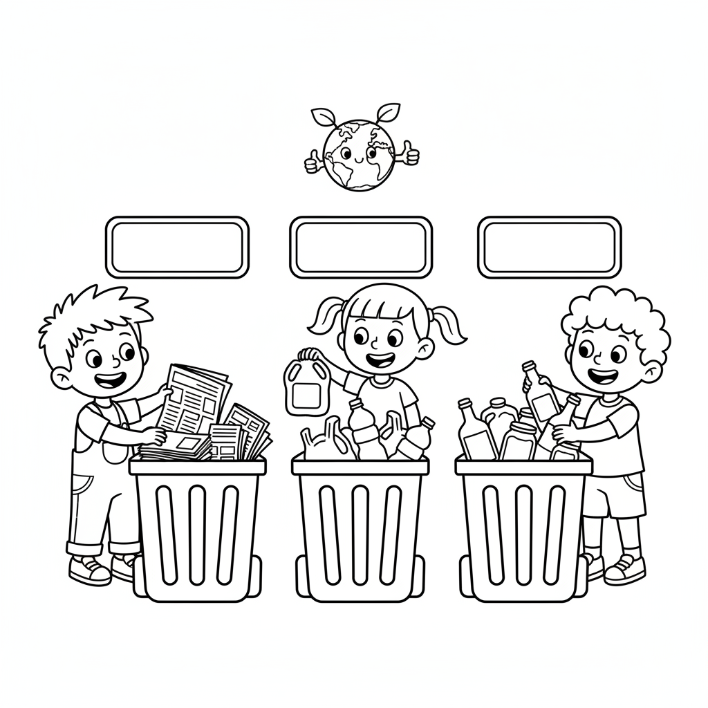 Kosze do recyklingu z etykietami na papier, plastik i szkło, z dziećmi segregującymi odpady, kolorowanka dla dzieci, cz...