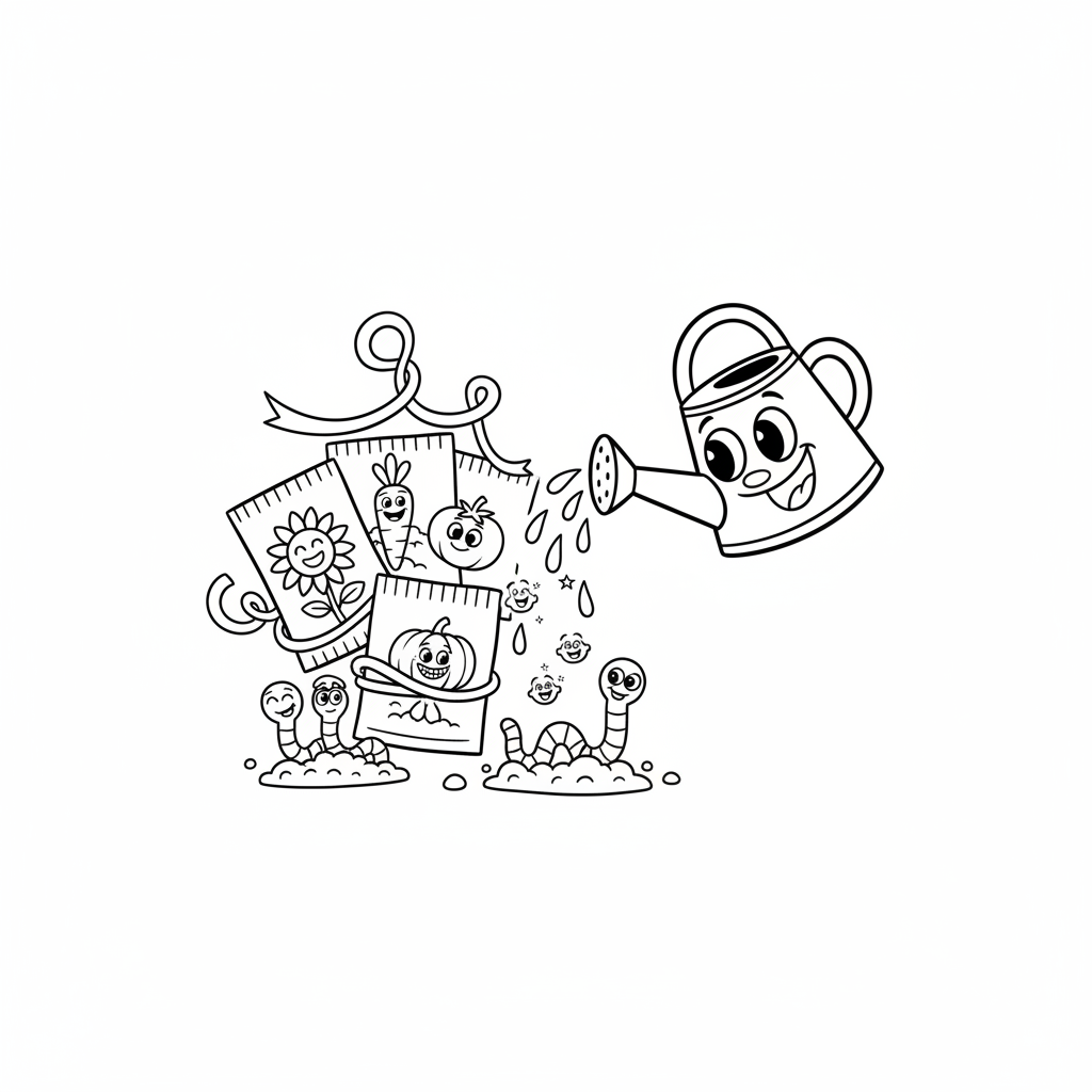 Kolekcja nasion w małych paczkach, gotowych do sadzenia, z konewką, kolorowanka dla dzieci, czarne kontury, białe tło.