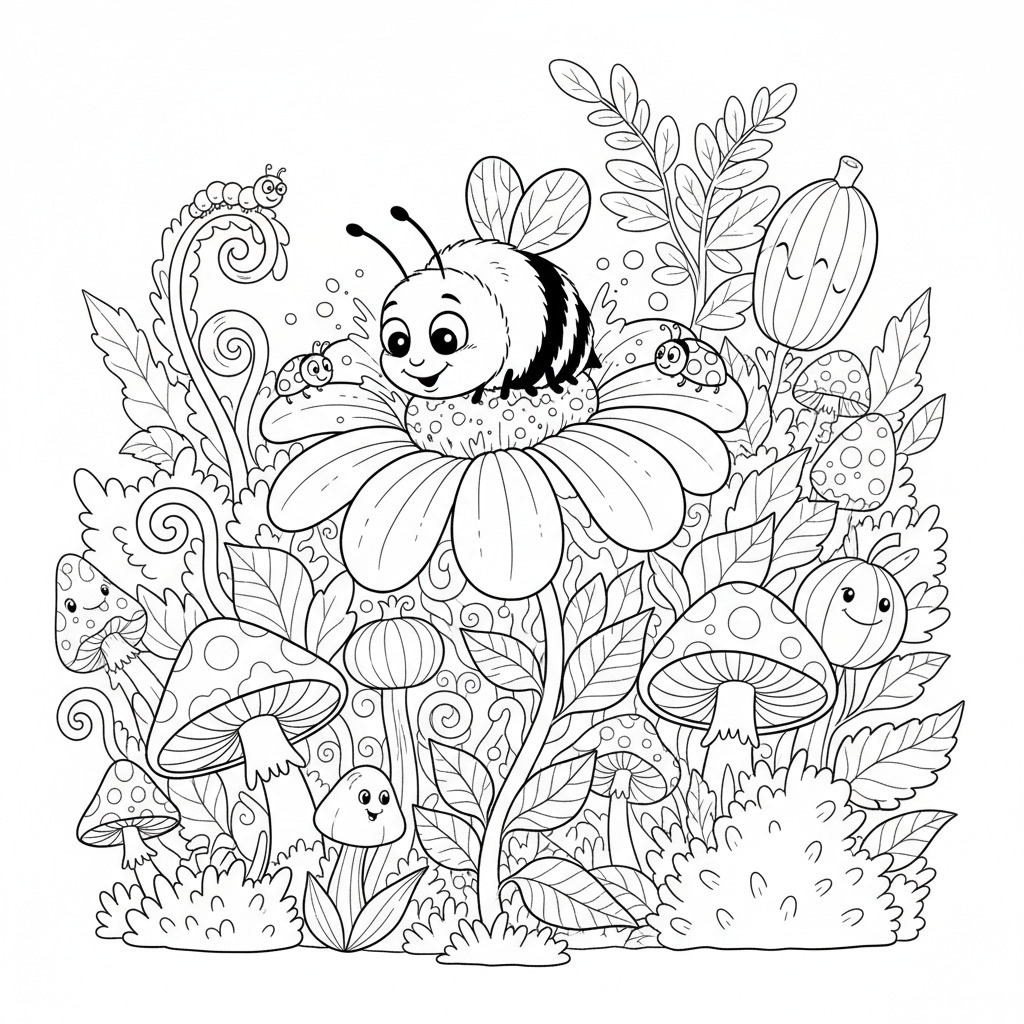 Urocza pszczoła zapylająca kwiat, otoczona ogrodem różnorodnych roślin, kolorowanka dla dzieci, czarne kontury, biał...
