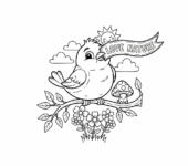 Ptak siedzący na gałęzi, trzymający baner "Kochaj Naturę", kolorowanka dla dzieci, czarne kontury, białe tło.