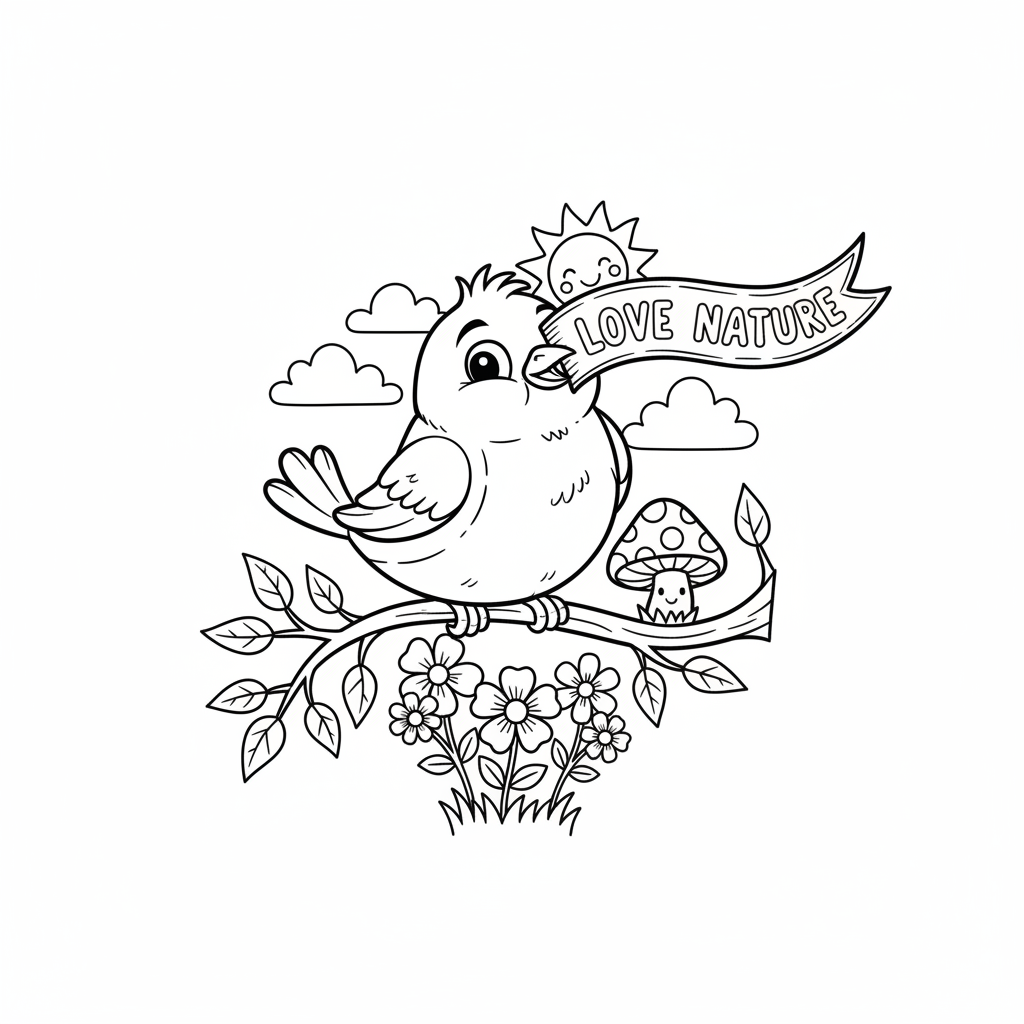 Ptak siedzący na gałęzi, trzymający baner "Kochaj Naturę", kolorowanka dla dzieci, czarne kontury, białe tło.