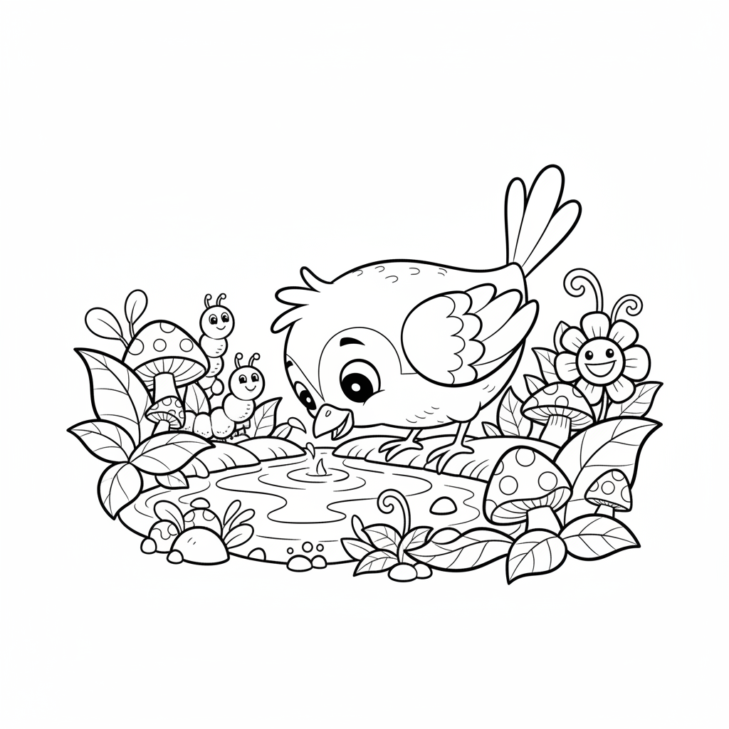 Uroczy mały ptaszek pijący z czystej rzeki, otoczony bujną roślinnością, kolorowanka dla dzieci, czarne kontury, bia...