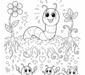 Szczęśliwy robak kopiący w ziemi, pomagający roślinom rosnąć, kolorowanka dla dzieci, czarne kontury, białe tło.