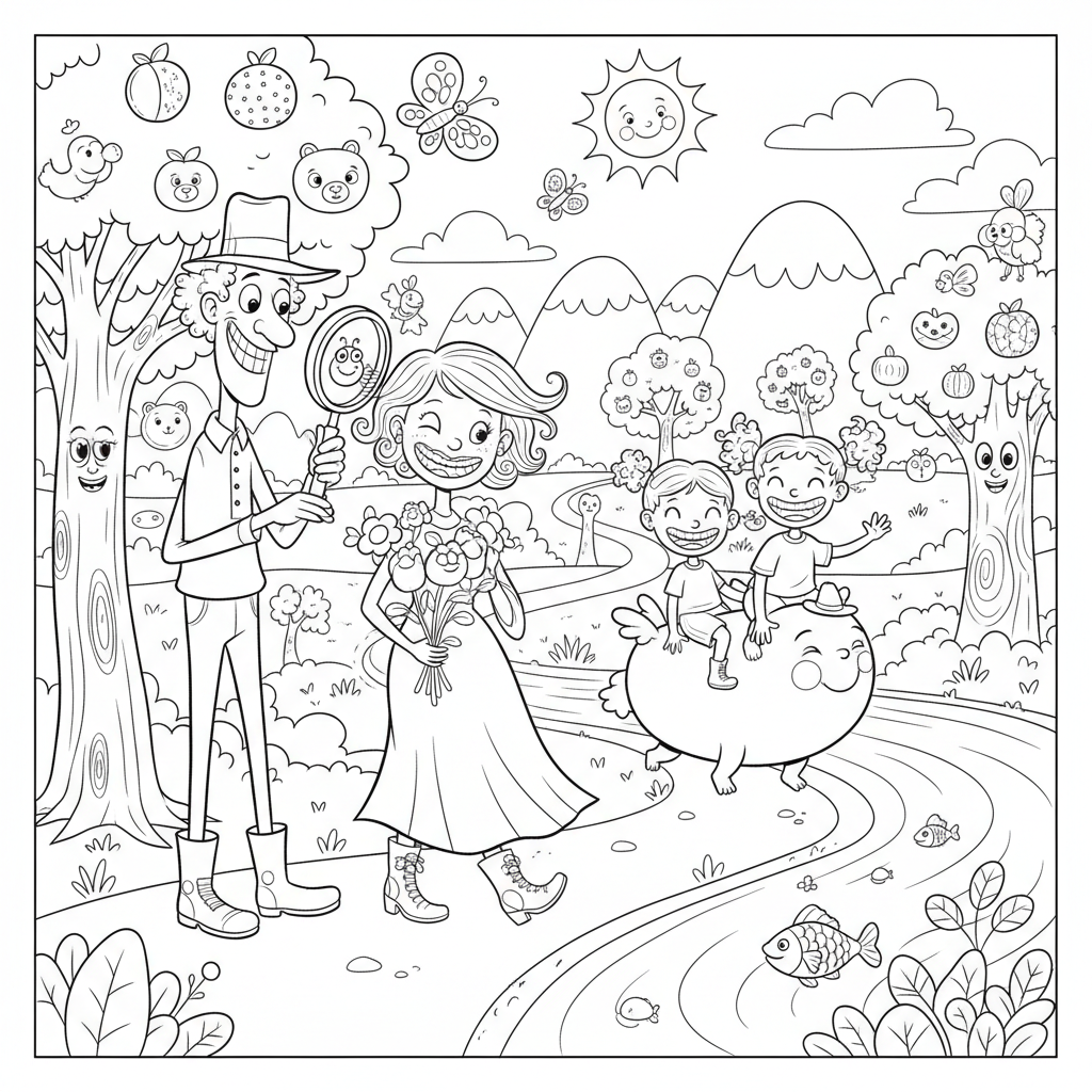 Rodzina spacerująca po pięknym parku narodowym, ciesząca się czystym powietrzem i krajobrazem, kolorowanka dla dzieci,...