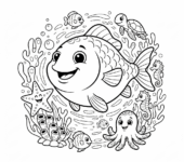 Szczęśliwa ryba pływająca w czystej wodzie oceanicznej, otoczona żywym koralowcem i stworzeniami morskimi, kolorowank...