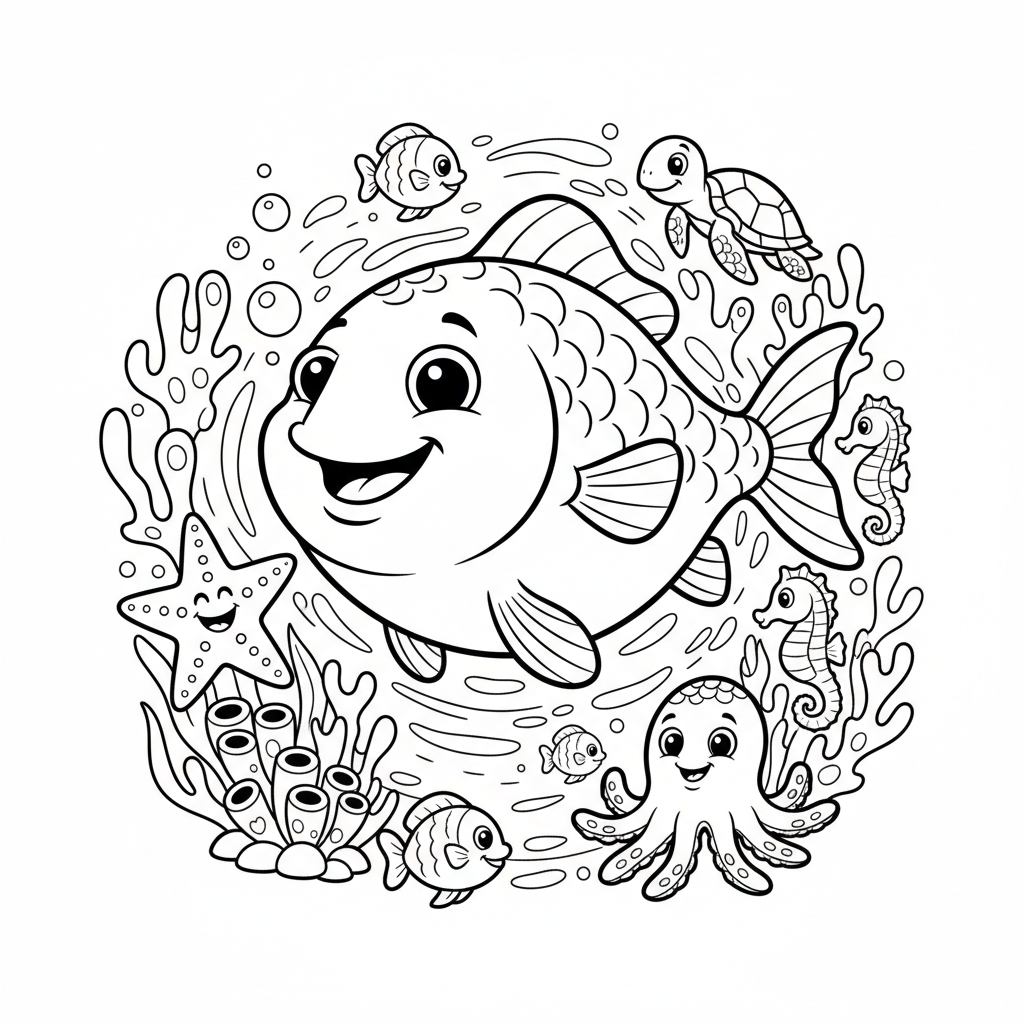 Szczęśliwa ryba pływająca w czystej wodzie oceanicznej, otoczona żywym koralowcem i stworzeniami morskimi, kolorowank...