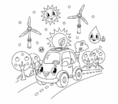 Samochód napędzany energią słoneczną jadący po drodze, z drzewami i symbolami czystej energii, kolorowanka dla dziec...
