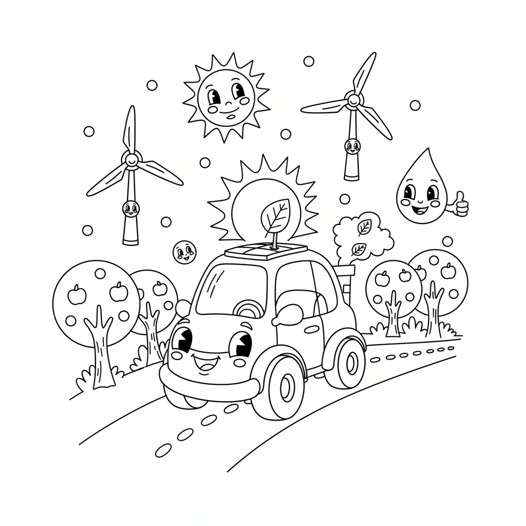 Samochód napędzany energią słoneczną jadący po drodze, z drzewami i symbolami czystej energii, kolorowanka dla dziec...