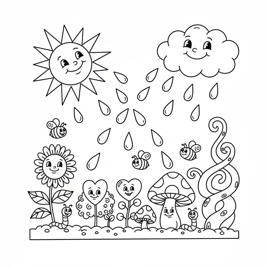 Uśmiechnięte słońce i chmura deszczowa podlewające ogród pełen roślin, kolorowanka dla dzieci, czarne kontury, bia...