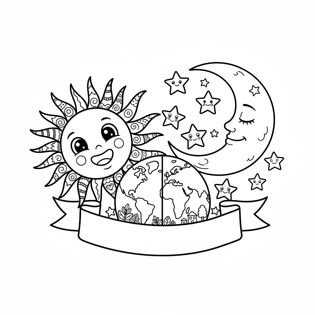 Uśmiechnięte słońce i księżyc z gwiazdami, symbolizujące dzień i noc na Ziemi, z napisem "Happy Earth Day", black ...