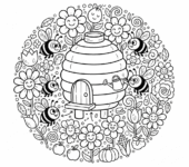 Uroczy ul otoczony kwiatami, podkreślający znaczenie zapylaczy, kolorowanka dla dzieci, czarne kontury, białe tło.