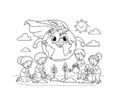 Szczęśliwa kula ziemska w pelerynie superbohatera, otoczona dziećmi sadzącymi drzewa, kolorowanka dla dzieci, czarne k...