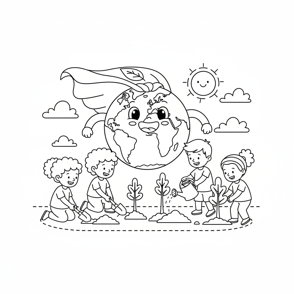 Szczęśliwa kula ziemska w pelerynie superbohatera, otoczona dziećmi sadzącymi drzewa, kolorowanka dla dzieci, czarne k...