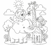 Grupa różnorodnych zwierząt (lew, słoń, żyrafa) żyjących pokojowo razem, kolorowanka dla dzieci, czarne kontury, b...