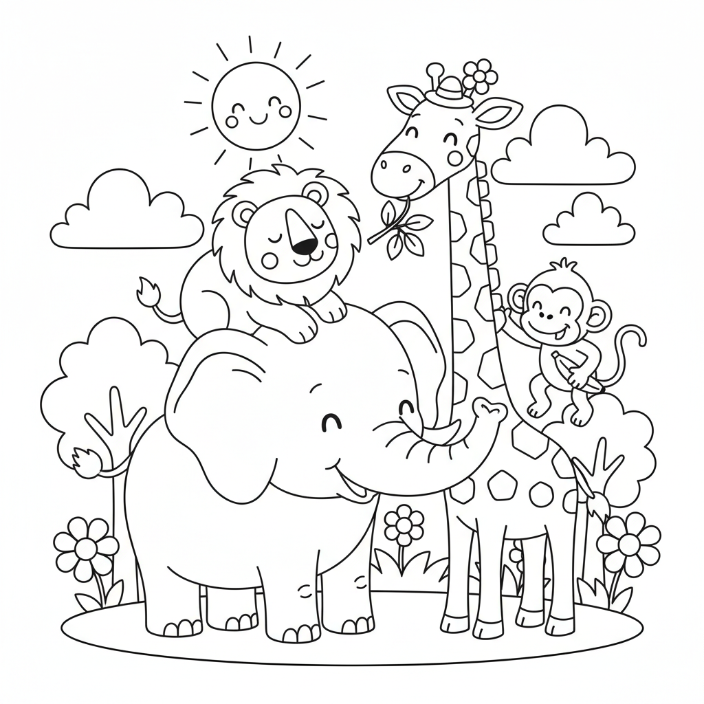 Grupa różnorodnych zwierząt (lew, słoń, żyrafa) żyjących pokojowo razem, kolorowanka dla dzieci, czarne kontury, b...