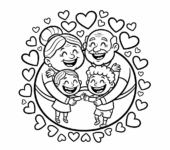 Szczęśliwa babcia i dziadek przytulający wnuki, otoczeni serduszkami, kolorowanka dla dzieci, czarne kontury, białe tło.