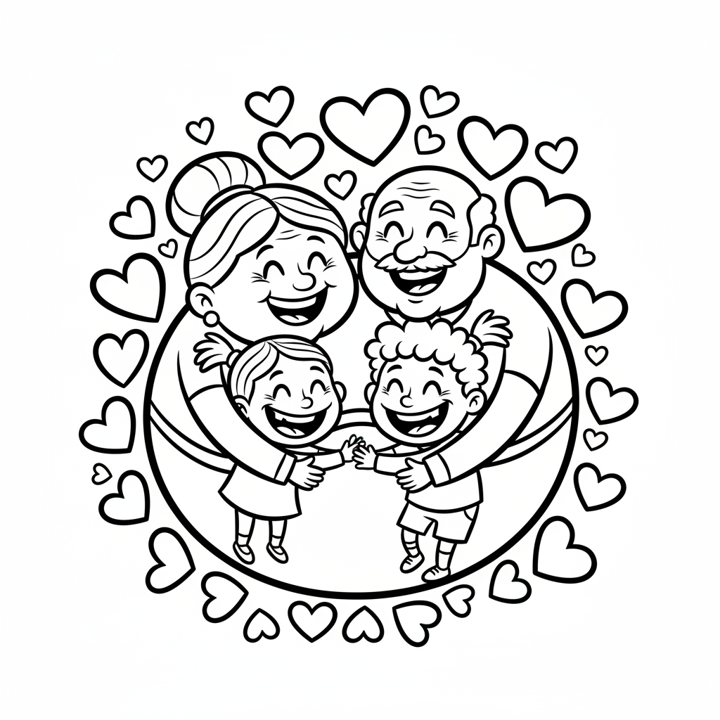 Szczęśliwa babcia i dziadek przytulający wnuki, otoczeni serduszkami, kolorowanka dla dzieci, czarne kontury, białe tło.