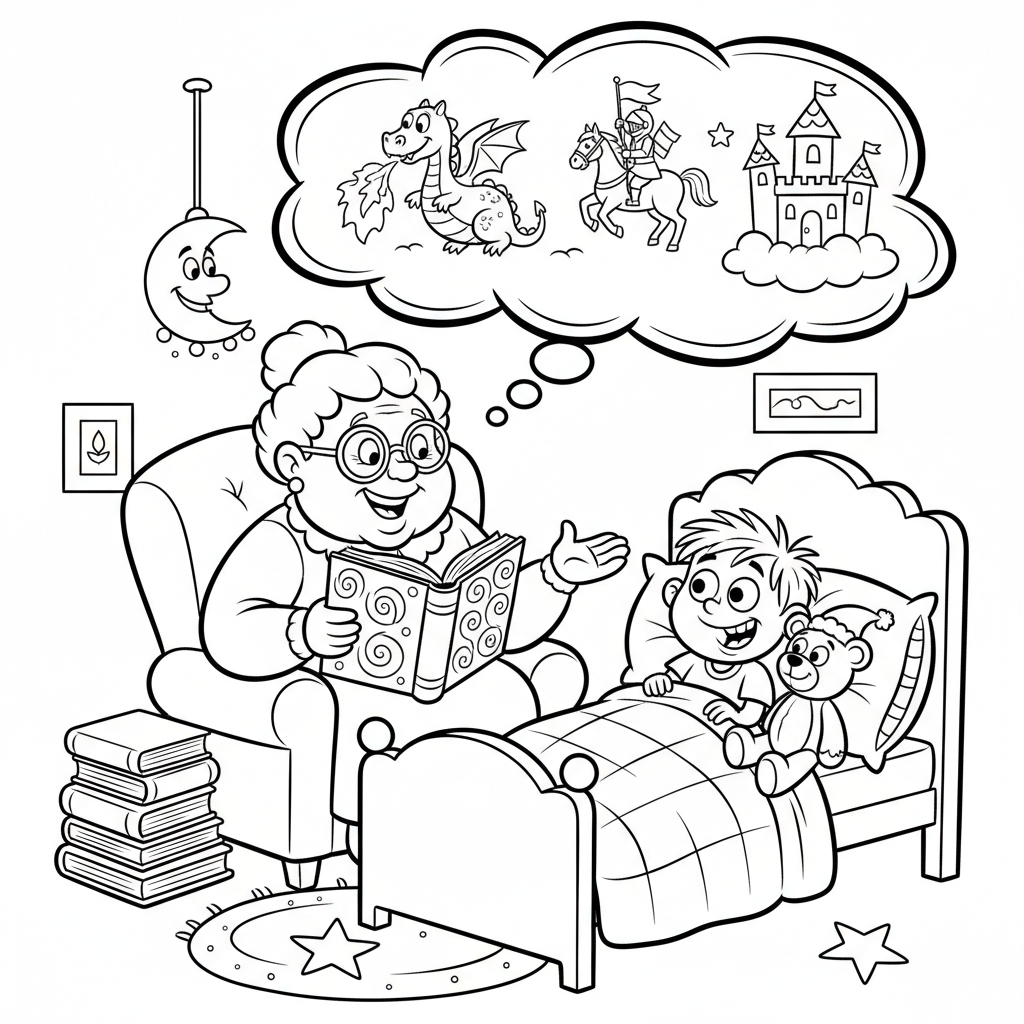 Babcia opowiadająca bajkę na dobranoc wnukowi, który jest przykryty w łóżku, kolorowanka dla dzieci, czarne kontury,...