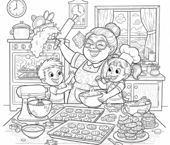 Babcia piekąca ciasteczka z wnukami w kuchni, kolorowanka dla dzieci, czarne kontury, białe tło.