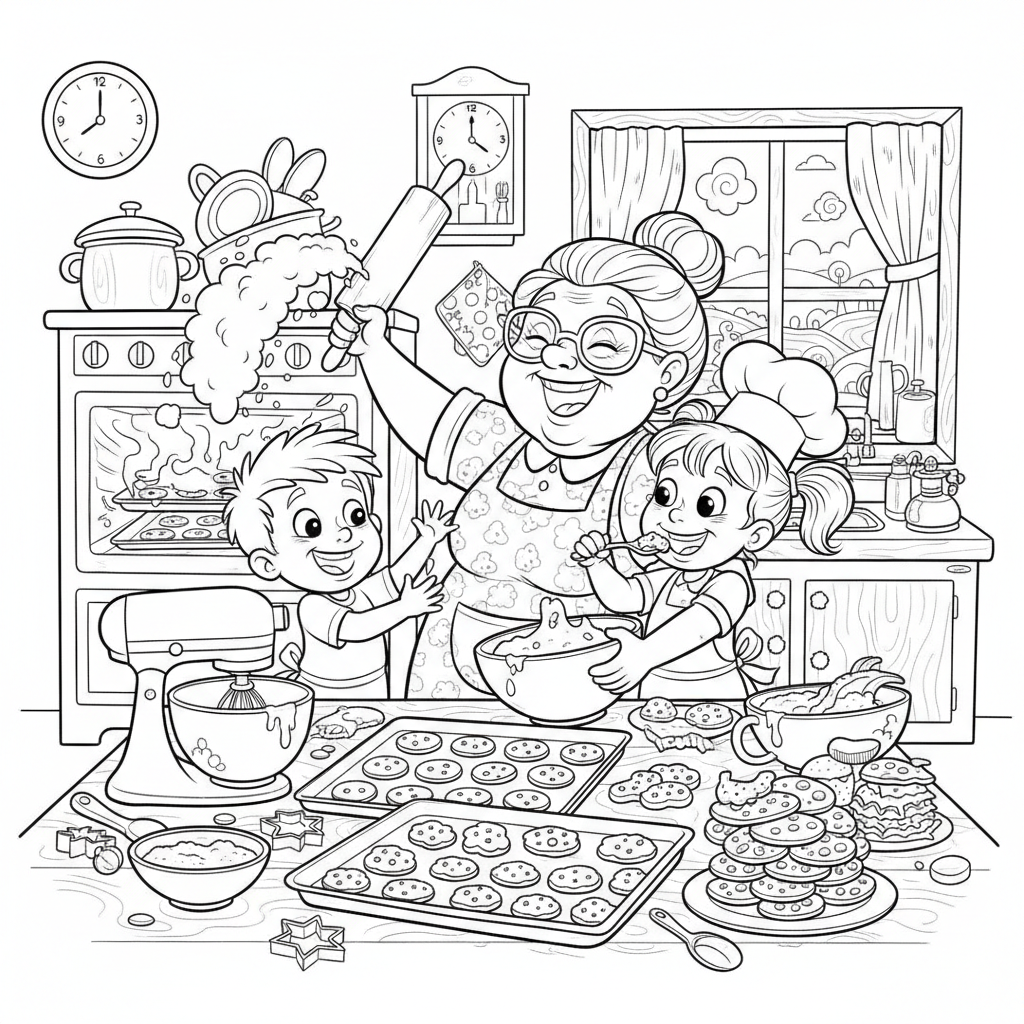 Babcia piekąca ciasteczka z wnukami w kuchni, kolorowanka dla dzieci, czarne kontury, białe tło.