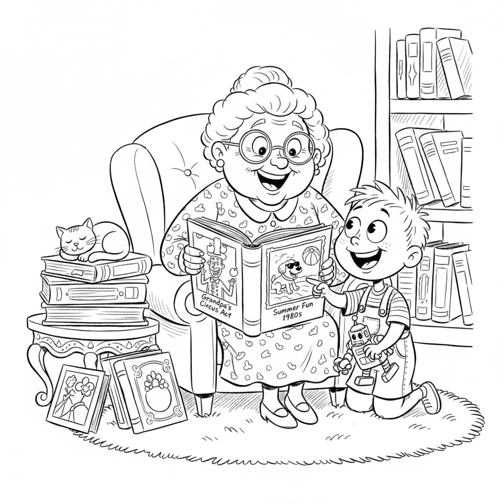 Babcia pokazująca wnuczce stare albumy ze zdjęciami, dzieląca się wspomnieniami, kolorowanka dla dzieci, czarne kontur...