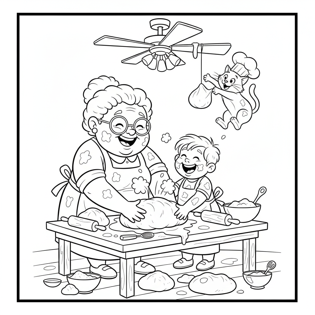 Babcia ucząca wnuczkę, jak piec chleb, z mąką i ciastem, kolorowanka dla dzieci, czarne kontury, białe tło.