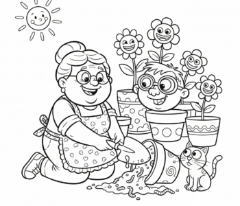 Babcia uczy sadzić kwiaty