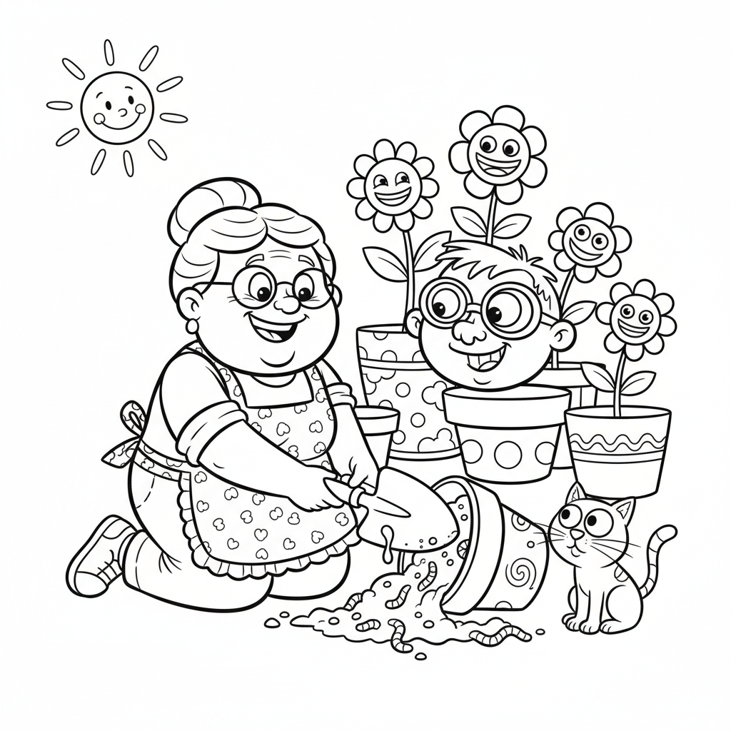 Babcia ucząca wnuczkę, jak sadzić kwiat w doniczce, kolorowanka dla dzieci, czarne kontury, białe tło.