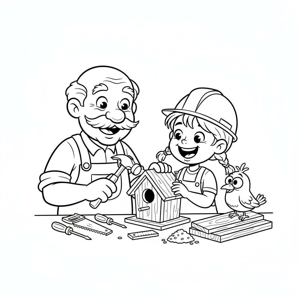 Dziadek pokazujący wnukowi, jak zbudować budkę dla ptaków, z narzędziami i drewnem, kolorowanka dla dzieci, czarne ko...