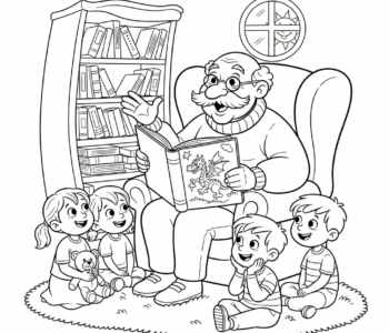 Dziadek czytający bajkę wnukom, które siedzą uważnie, kolorowanka dla dzieci, czarne kontury, białe tło.