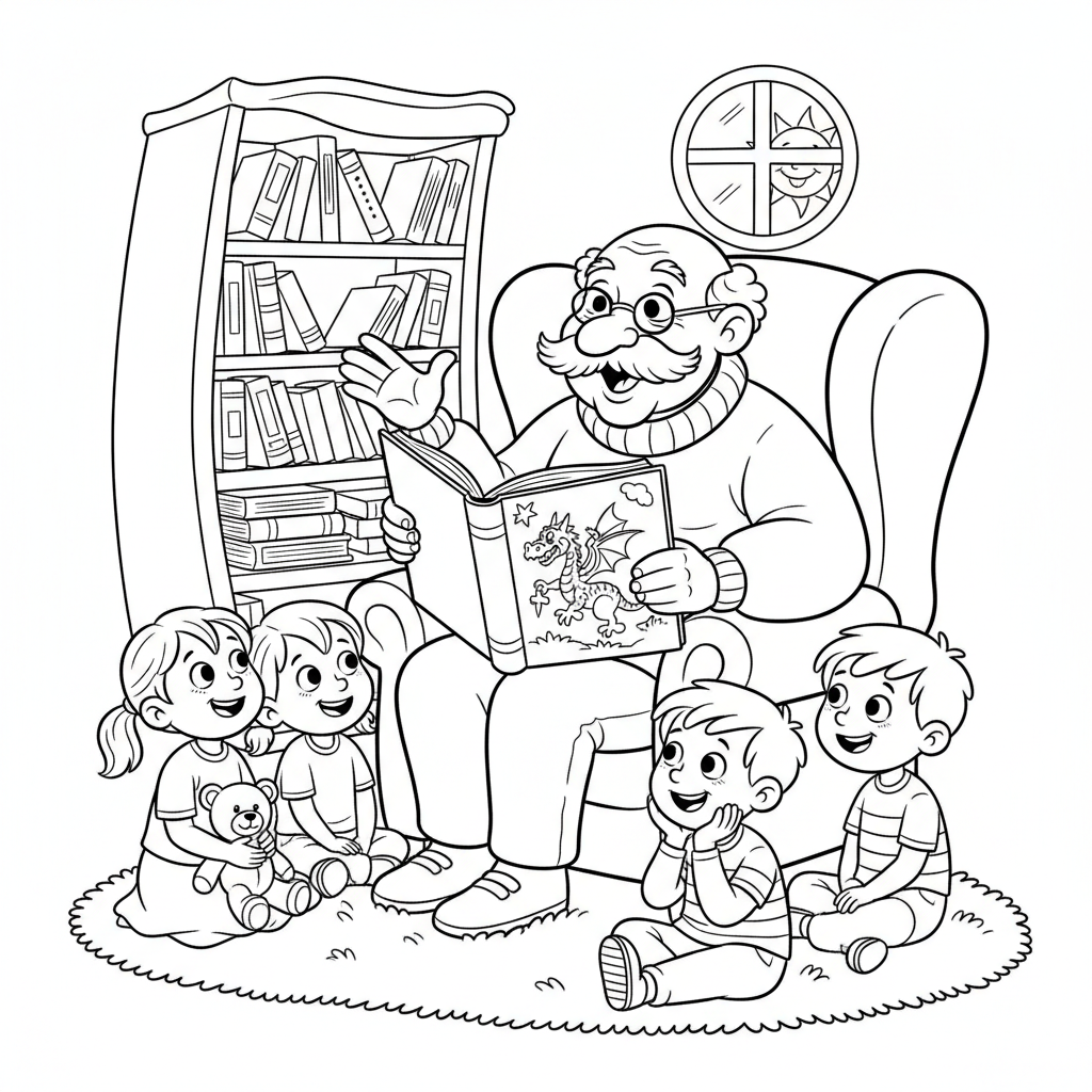 Dziadek czytający bajkę wnukom, które siedzą uważnie, kolorowanka dla dzieci, czarne kontury, białe tło.