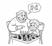 Dziadek grający w szachy z wnukiem, uczący strategii, kolorowanka dla dzieci, czarne kontury, białe tło.