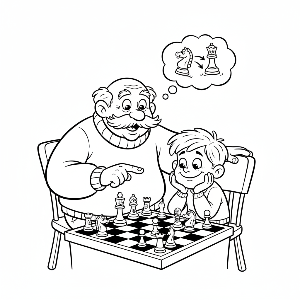 Dziadek grający w szachy z wnukiem, uczący strategii, kolorowanka dla dzieci, czarne kontury, białe tło.