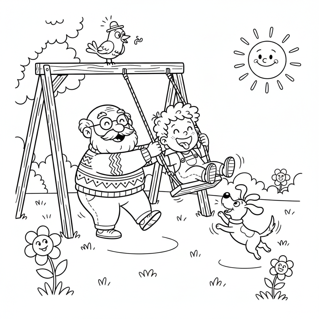 Dziadek pchający wnuka na huśtawce w parku, kolorowanka dla dzieci, czarne kontury, białe tło.