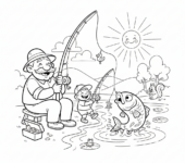 Dziadek uczący wnuka łowić ryby nad spokojnym jeziorem, kolorowanka dla dzieci, czarne kontury, białe tło.