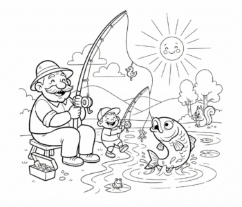 Dziadek uczący wnuka łowić ryby nad spokojnym jeziorem, kolorowanka dla dzieci, czarne kontury, białe tło.