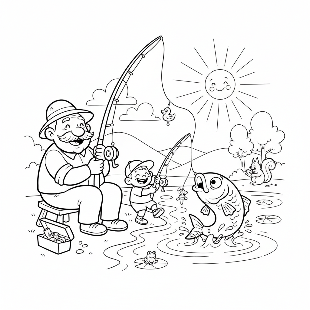 Dziadek uczący wnuka łowić ryby nad spokojnym jeziorem, kolorowanka dla dzieci, czarne kontury, białe tło.